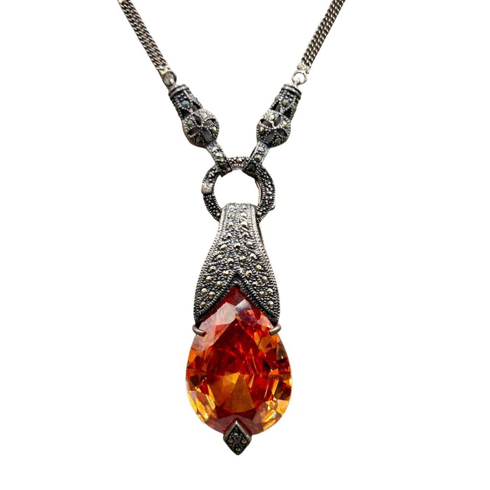 Sterling Silver Marcasite Pendant Necklace Cognac Glass Stone Removable Pendant